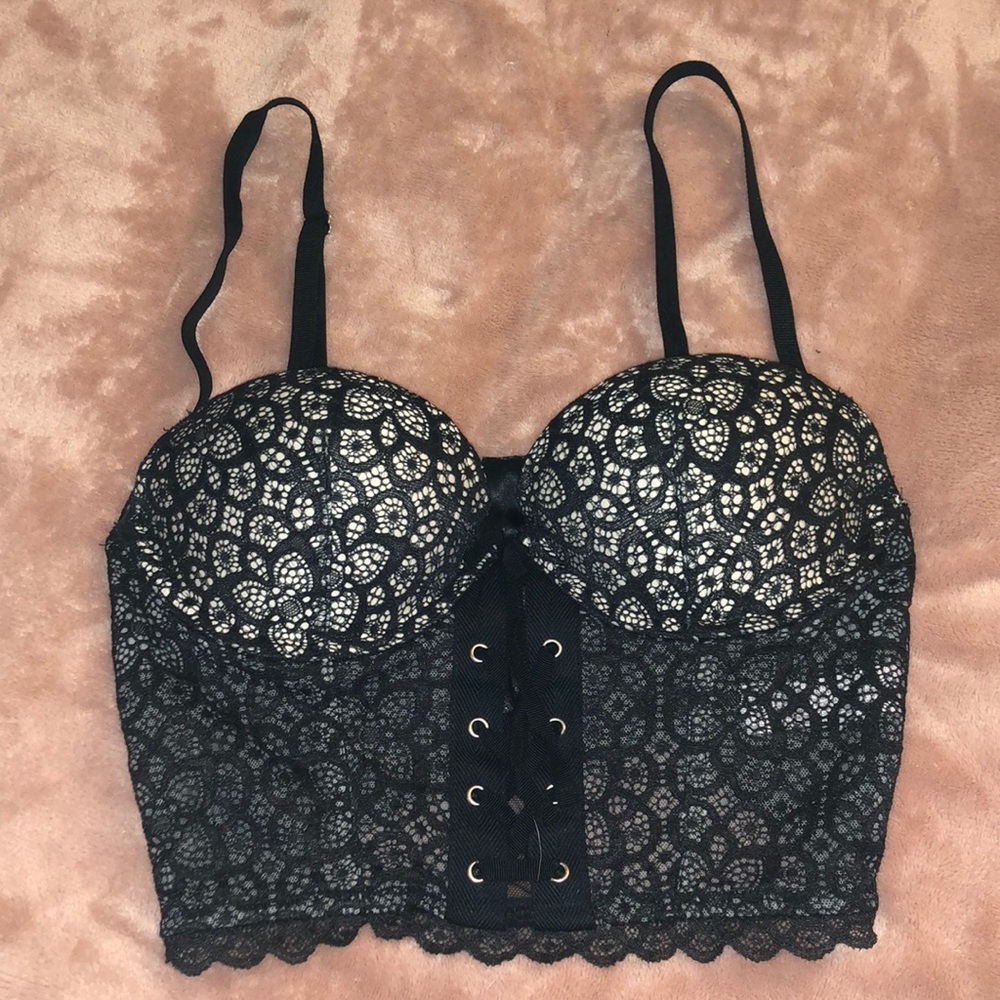 Victoria Secrets Bra Padded Demi 34B Black Lace Up Front Zipper Back Black Sexy